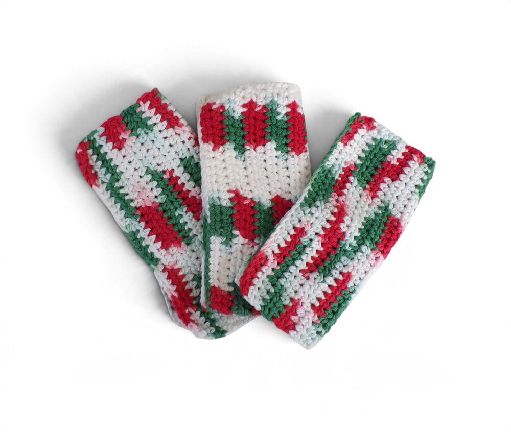 (3) Handmade Crocheted Dishcloths Washcloths 100% Cotton Christmas Colors